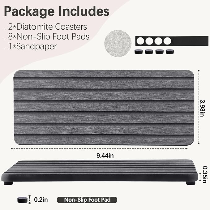 NiuYichee 2 PCS Water Absorbent diatomite Coasters, 9.5" x 4" Water Absorbing Stone Tray for Sink, Stone Drying mat for Kitchen Counter, Stone soap Tray Used for Hand Soaps & toiletries & Plants