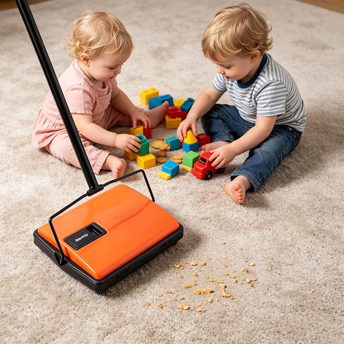 CLEANHOME Manual Carpet Sweeper For Pet Hair and Dust Remove | Rotating Brush Floor Sweeper, Lightweight Push Broom for Classroom Rugs, Non-Electric Lint & Crumb Cleaner, One-Touch Dumping