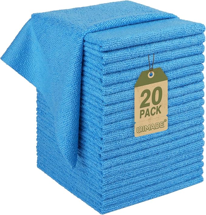 UNIMADE Microfiber Cleaning Cloth, 20 Pack Reusable Microfiber Towels for Cars Lint Free Cleaning Shop Towel Rags for Home Kitchen Automotive Bar Mechanic Restaurant Garage, 11.5"x 11.5", Blue