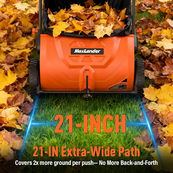 Manual Push Lawn Sweeper, 21-Inch Wide Coverage, Adjustable Height Design with 3.5 Cu. Ft. Collection Hopper for Leaves, Grass Clippings and Yard Debris