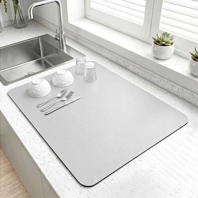 LOPNUR Kitchen Dish Drying Mat, 18"x16" Small Dish Drying Mats for Kitchen Counter, Diatomite Coffee Mat, Super Absorbent Dish Drying Pad, Heat Resistant Mat with Anti-slip Rubber Backed, Light Grey