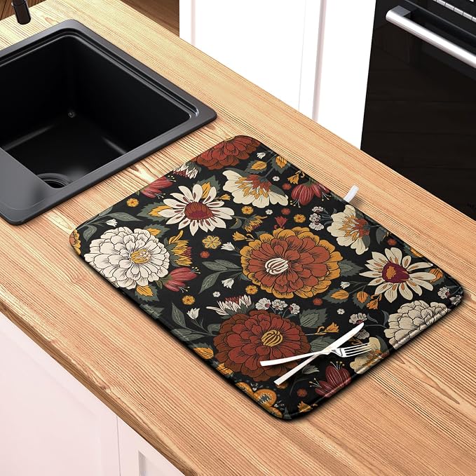 Vintage Floral Dish Drying Mat for Kitchen Counter Retro Sunflower Floral Absorbent Microfiber Dry Dish Mat Reversible Washable Dish Drainer Rack Mat Large 18x24 Inch