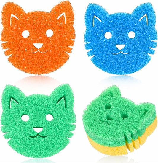 FillTouch 3 Pcs Dual Sided Scrub Sponge Multi Functional Cute Temperature Sensitive Non Scratch Dish Sponge for Washing Dishes Kitchen Bathroom (Cat,Green, Orange, Blue)