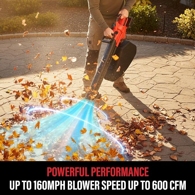 MZK 40V Leaf Vacuum Mulcher, 600 CFM Cordless Blower | High-airflow 3-in-1 tool with 40L bag and dual batteries for leaf collection around lawns and driveways.