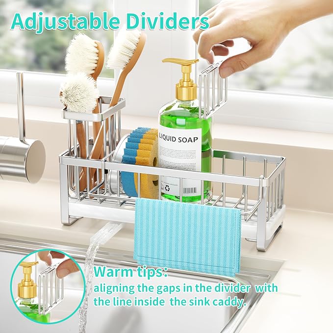 HapiRm Sponge Holder for Kitchen Sink - Self-draining Sink Caddy with Brush and Dishcloth Holder, Stainless Steel Sponge Caddy for Countertop - Silver(Large)