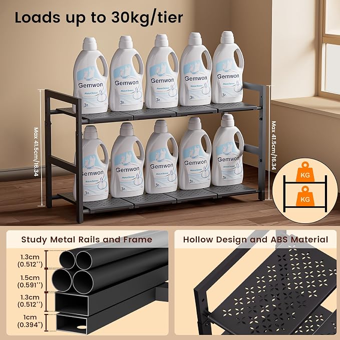 Under Sink Organizer and Storage 16.5"-30.7" Expandable Length, Adjustable Height Max 16.7" Under Sink Shelf 2 Tier with Removable ABS Panels Metal Frame for Bathroom Kitchen Pantry Cabitnet Pot Pan