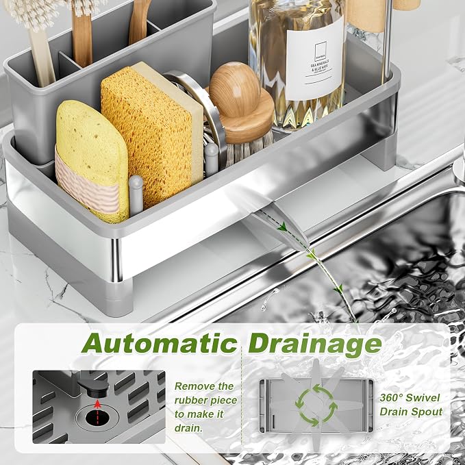 Ewaiira Stainless Steel Sink Caddy, Sponge Holder for Kitchen Sink with Brush Holder Dishcloth Rack, Rustproof Sink Organizer Countertop, Soap Dispenser Kitchen Organizers Storage Essentials, Gray9.8″