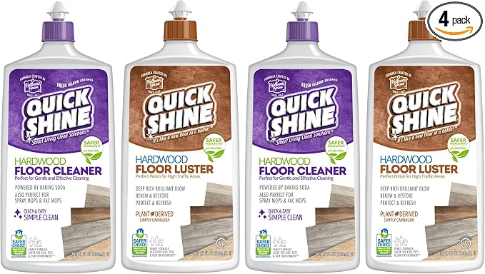 Quick Shine Hardwood Floor Cleaner & Wood Floor Polish w/Plant-Derived Carnauba 27oz Bottles,Removes Scratches,Safer Choice,A Clean That Can Be Seen,(Pack of 4)