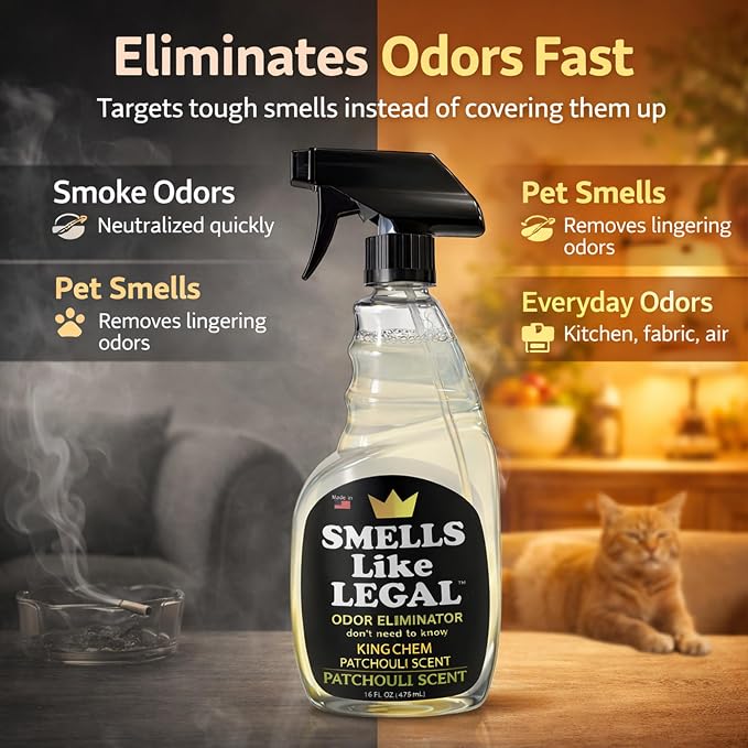 Smells Like Legal™ Patchouli Odor Eliminator Spray – Powerful Commercial-Grade – Eliminates Smoke, Pet & Food Odors at source – Fabric-Safe, Non-Staining – Biodegradable Air & Fabric Freshener – 16 oz | Commercial-Grade, Eliminates Smoke, Pet & Food Od...