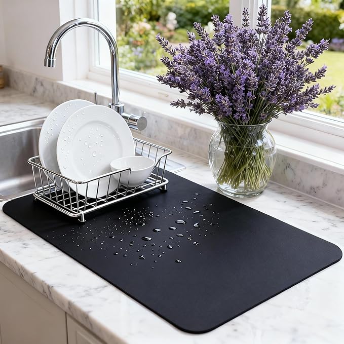 Dish Drying Mat Super Absorbent – 24" x 16" Coffee Mat for Countertops – Non-Slip Drying Mat for Kitchen Counter – Easy to Clean Water Absorbent Mat – Large Dish Drying Mats (Black)