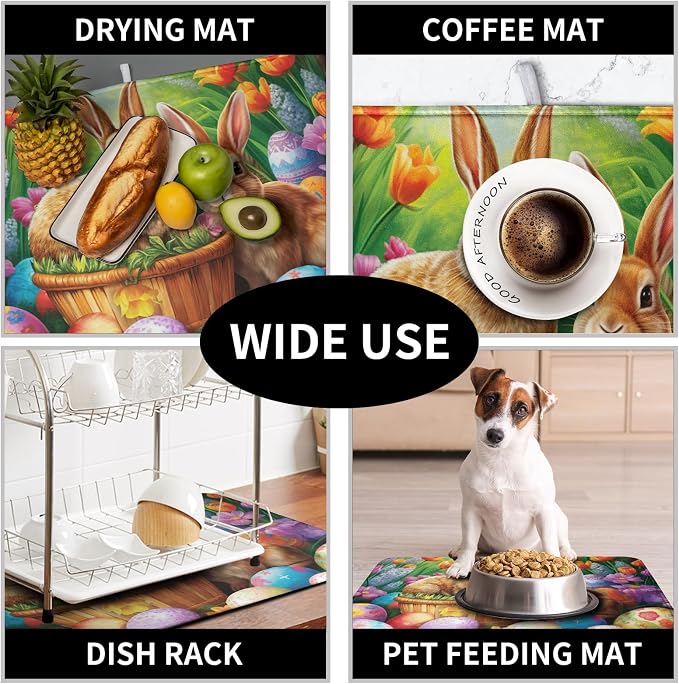 Easter Bunny Eggs Dish Drying Mat for Kitchen Counter, Tulip Floral Flower Drying Mat Spring Summer Holiday Dish Mat Drying Kitchen Mat Absorbent Kitchen Drying Mat for Sink 18x24Inch