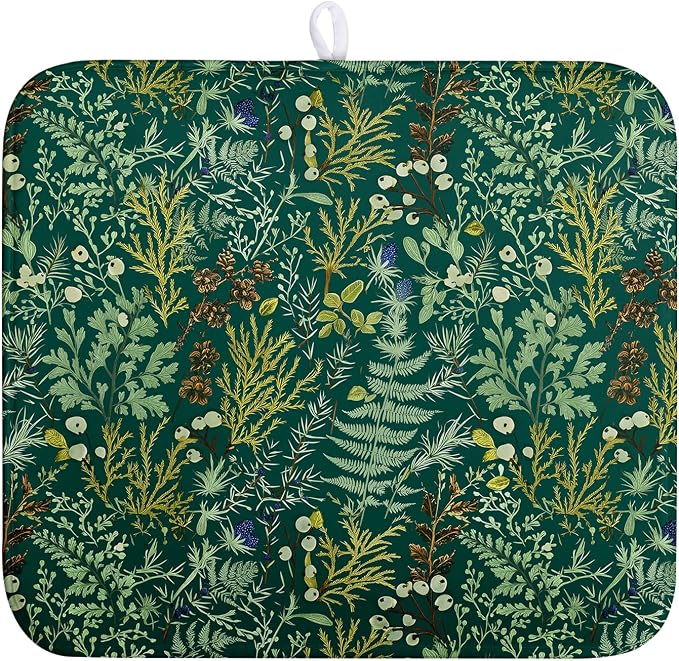 Dark Green Plant Dish Drying Mat for Kitchen Counter Vintage Botanical Floral Leaf Dishes Drying Mat Absorbent Microfiber Dish Draining Pad Washable Dish Drainer Rack Mats 16x18 Inch
