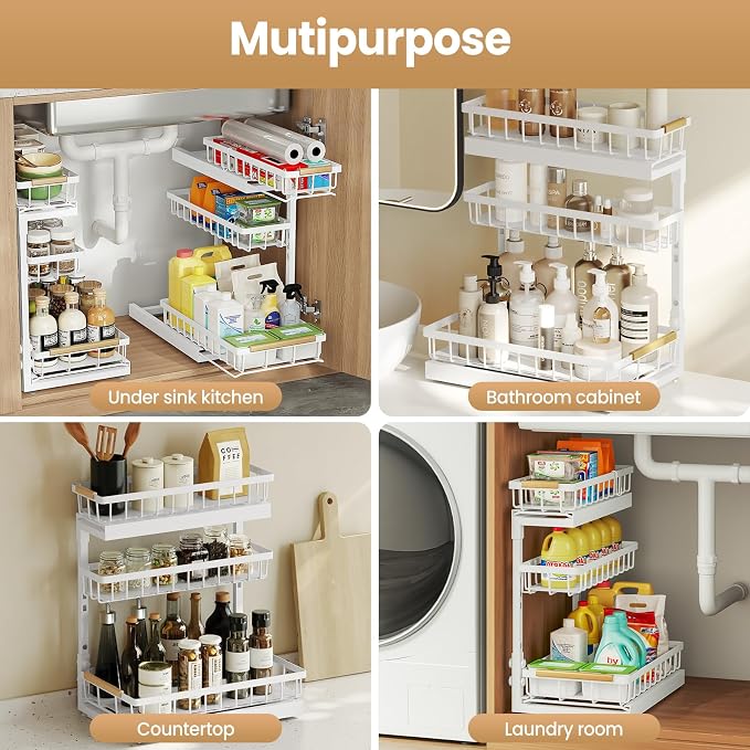 Under Sink Organizer and Storage for Bathroom and Kitchen - 2 Pack 3 Tier Under Cabinet Pull Out Shelf Organizers - Slide Out Drawer Organization for Home Cabinets Shelves and Drawers