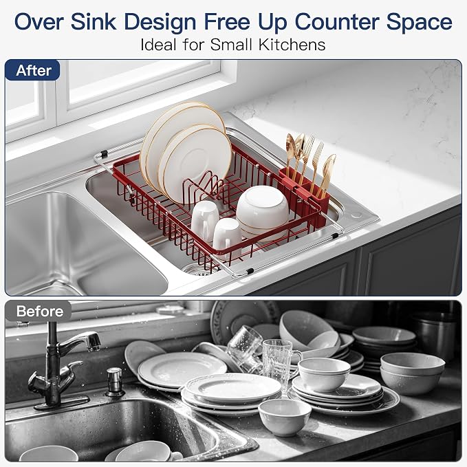 JASIWAY Expandable Stainless Steel Red Dish Drying Rack Over The Sink for Small Kitchen, Counter Space Saving Compact Plate Drainer Strainer, Adjustable Hanging Metal Dish Dryer with Utensil Holder