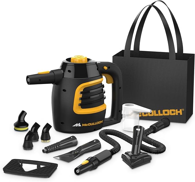 McCulloch MC1230 Handheld Steam Cleaner, 10 Minute Runtime, 11 Accessories: Jet Nozzle, Brushes, & More - Built for Home, Tile, Grout, Carpet, Furniture, & Personal Car Detailing