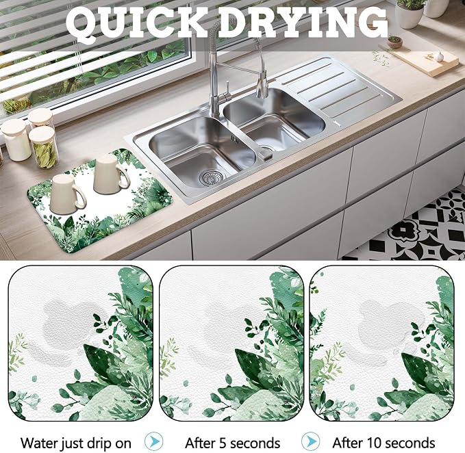 MCALK Green Leaves Dish Drying Mat for Kitchen Counter, Coffee Bar Station Accessories with Anti-Slip Rubber Base, Absorbent Kitchen Sink Mat with Modern Art Decor (1 pc 18" x 16")