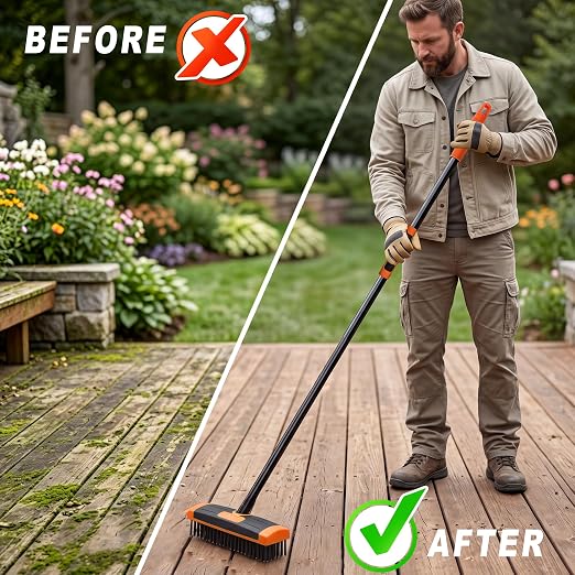 3 in 1 Scrub Brush with Long Handle – Your All-Purpose Deck Brush, Weeding Tool & Concrete Scrubber Tackle Patio Weeds, Floor Stains, Moss, and Rust with one Versatile Set. (Orange)