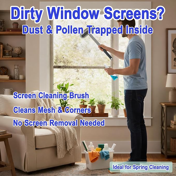 Window Screen Cleaning Brush, 6-in-1 Screen Cleaner Tool Kit with Spray Bottle, Crevice Brush and Microfiber Cloth for Window Tracks and Screens