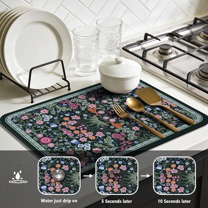 Dish Drying Mat for Kitchen Counter 17x32 Inch, Boho Quick Dry Coffee Mat | Made of super absorbent diatomite that quick dries dishes, coffee machine & sink area. Non-slip rubber base for countertop