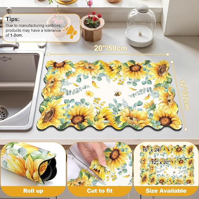 LOKHOM Scalloped Floral Dish Drying Mat, 12"x20" Super Absorbent Coffee Mat with Watercolor Yellow Sunflowers, Cuttable Hide Stain Non-slip Drying Mat for Kitchen Counter Coffee Maker Espresso Machine