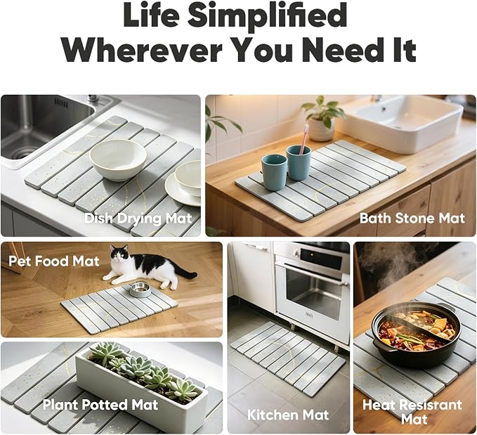 Stone Drying Mat for Kitchen Counter, Quick Diatomaceous Earth Mats for Dishes, 24"L x 16" W Super Absorbent Fast-Drying Collapsible Countertop Stone Mat (Marble White Yellow, 24" x 16")