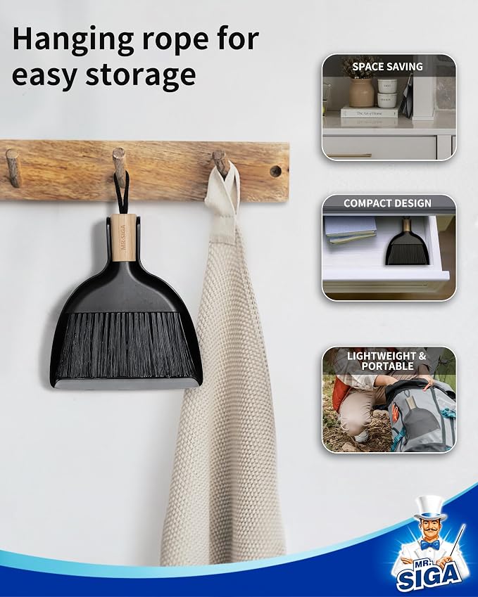 MR.SIGA Mini Dustpan and Brush Set, Bamboo Handle, Black, 1 Set | Portable cleaning brush and dustpan combo, handheld brush and dustpan combo with hanging loop