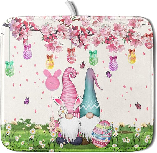 Giwawa Easter Gnome Dish Drying Mat Floral Eggs Bunny Kitchen Drainer Mat 16x18 inch Absorbent Holiday Fast Dry Pad Protector for Counter Tabletop