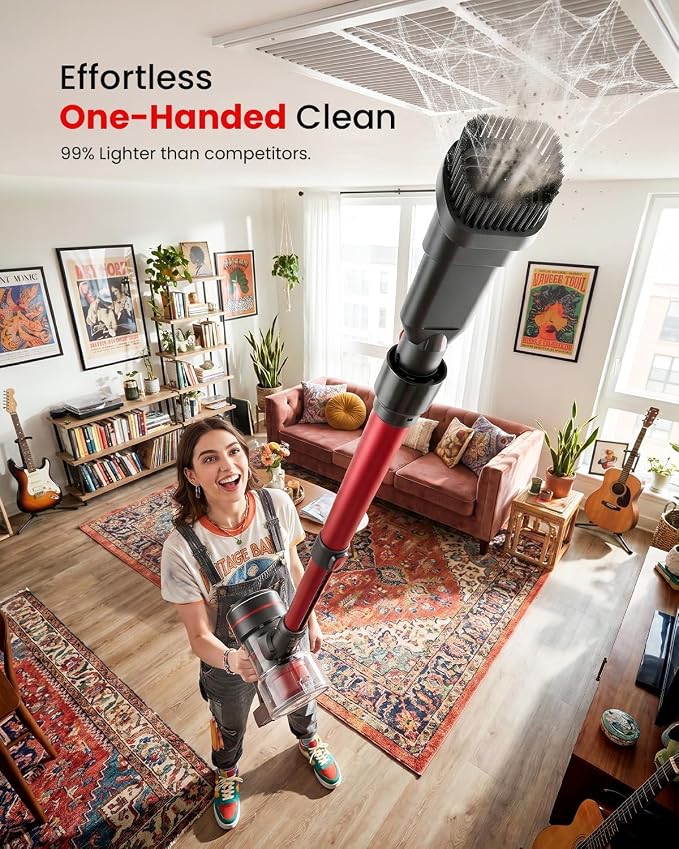 CHEBIO Lightweight Cordless Vacuum Cleaners for Home, Stick Vacuum Cordless Rechargeable with 45kPa Suction,45-Min Run,Anti-Tangle and Self-Stand, 6 in 1 Hardwood Vacuum Cleaner (red)