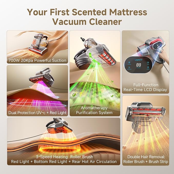 uwant 20Kpa Powerful Mattress Vacuum 700W Motor Bed Vacuum Set of 1 | Triple Hot Bed Vacuum, 60000RPM Tap, Aroma Care, UV-C Light and Ultrasonic, 20.3 oz Dust Cup, Mattress Vacuum for Bed, Sofa