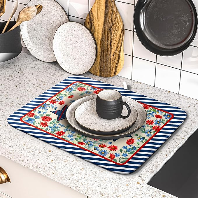 Patriotic Stars Dish Drying Mat for Kitchen Counter 4th of July Holiday Absorbent Reversible Microfiber Dish Pad Small