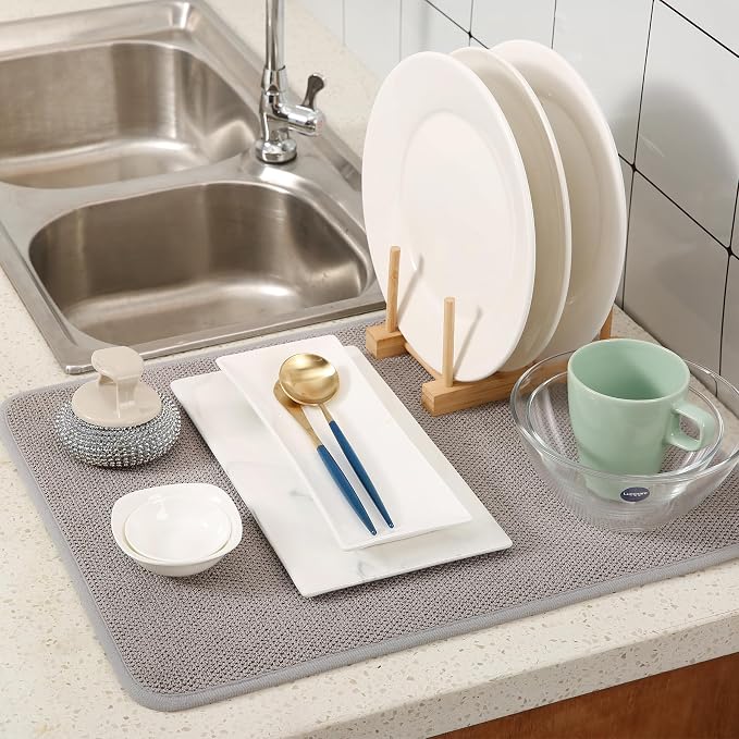 2 Pack Microfiber Dish Drying Mat for Kitchen Counter,Ultra Absorbent Dish Drainer Mat ,Dish Drying Pad , Dish Rack Mat 20×15 Inch (Gray)