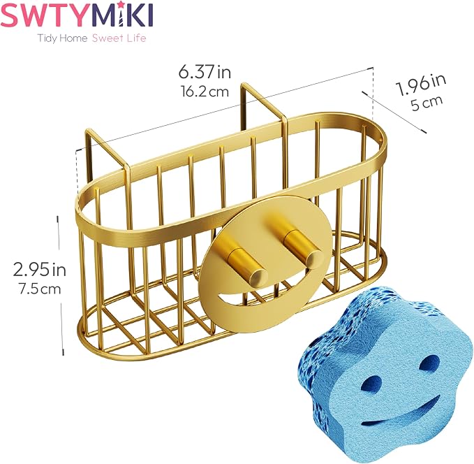 SWTYMIKI Sponge Holder for Kitchen Sink - Movable Sink Caddy with Smiley Face Sponge Holder, Rustproof Hanging Sponge Organizer in Double Bowl Sinks Depth>3.15in, Middle Divider<1.5in, Gold