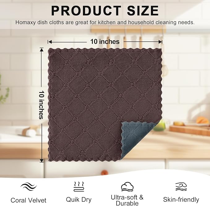 Homaxy 12 Pack Kitchen Cloths Dish Towels (10" x 10", Dark Grey & Brown), Super Soft and Absorbent Dish Cloths, Coral Velvet Microfiber Cleaning Cloth, Nonstick Oil Fast Dry Dishcloths