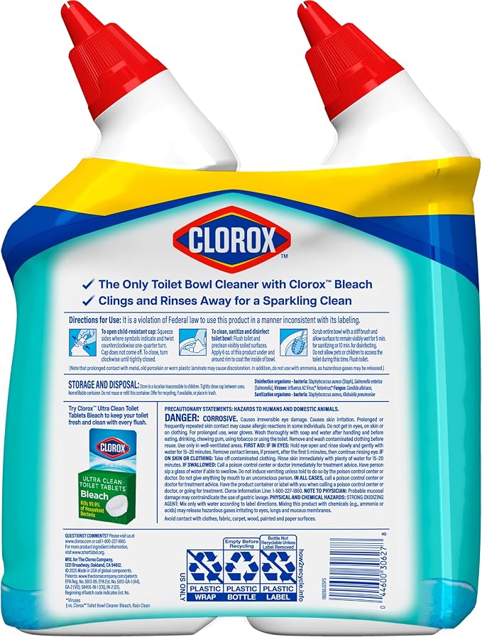 Clorox Toilet Bowl Cleaner Clinging Bleach Gel, Kills 99.9% of Bacteria and Viruses, Ocean Mist, 24 Fl Oz, Pack of 2