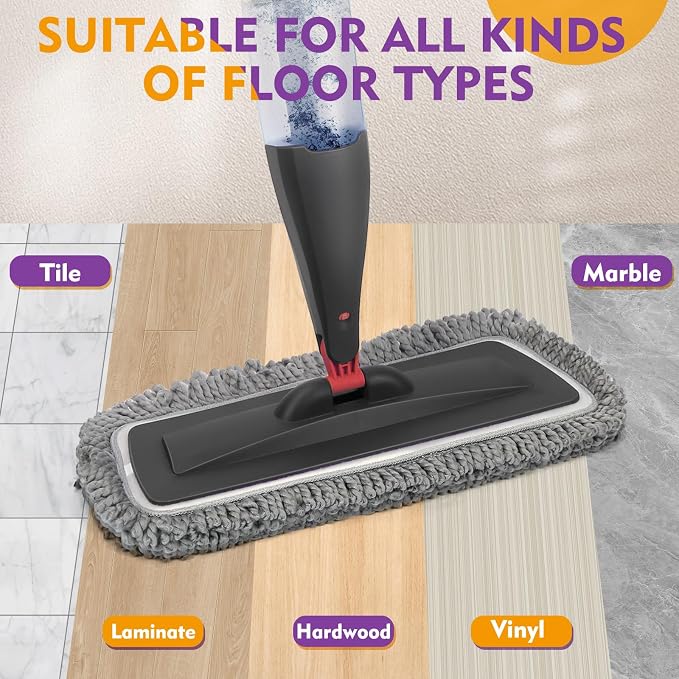 Spray Mop for Hardwood Tile Floor Cleaning with Microfiber Washable Pads | Dry Wet Mops with Sprayer | 800 ml Refillable Bottle | 3 Reusable Mop Pads | Dust Mops for Wood Laminate Vinyl Home Cleaning