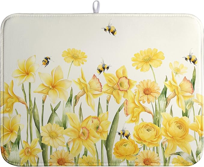 Spring Summer Daffodils Dish Drying Mats Spring Yellow Rose Dish Mat Drying Matt Floral Bee Dishes Dryer Pad for Kitchen Counter Absorbent Microfiber Washable Foldable Reusable 18x24 in