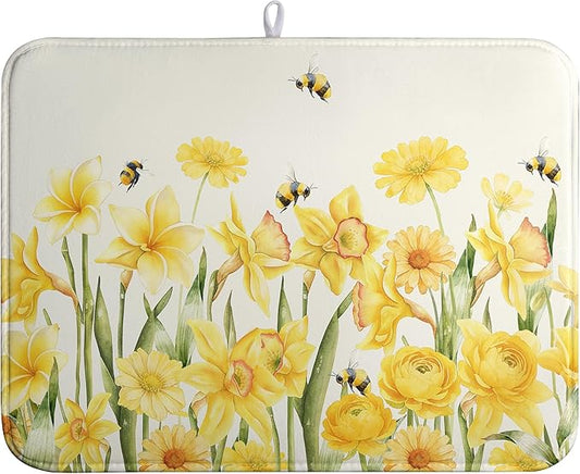 Spring Summer Daffodils Dish Drying Mats Spring Yellow Rose Dish Mat Drying Matt Floral Bee Dishes Dryer Pad for Kitchen Counter Absorbent Microfiber Washable Foldable Reusable 18x24 in