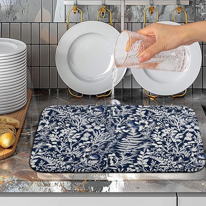 Blue and White Plant Dish Drying Mat Botanical Fern Leaves Floral Drying Mats for Kitchen Counter Microfiber Absorbent Dish Draining Mat Reusable Washable Dish Rack Pad 16x18 Inch