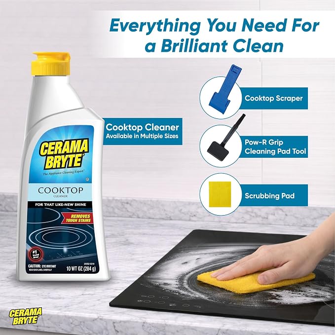 Cerama Bryte Cooktop Cleaning Kit, 10 oz Bottle, Scraper, Tool & 3 Pads