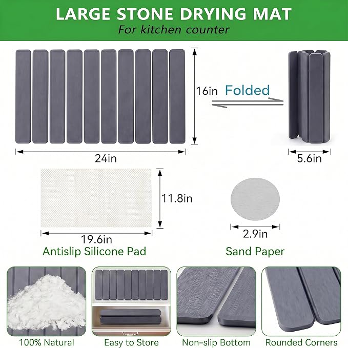 Stone Drying Mat for Kitchen Counter 16x24 Inch, Diatomaceous Dish Drying Mat with Towel Sanding Tool, Fast-Absorbing Quick-Dry Non-Slip Sink Tray ( Grey )