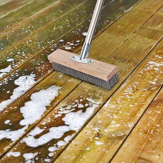 Fabater Stainless Steel Wire Scrub Brush with Long Handle for Deck, Concrete, Patio Floor Cleaning, Heavy Duty Wire Broom Outdoor Floor Scrub Brush, Outdoor Broom for Garden Garage (30cm / 11.8in)