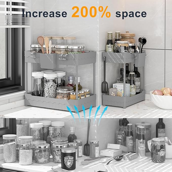 Sevenblue 2 Pack Under Sink Organizer, Under Bathroom Cabinet Organizer with Hooks Hanging Cup, Multi-Purpose Storage Shelf for Kitchen Bathroom (Gray, 12.8 Inch)