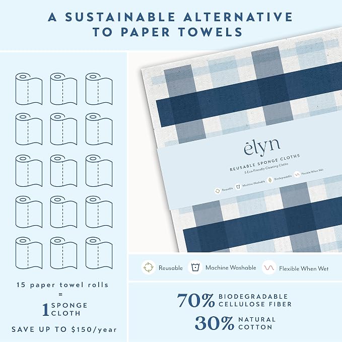 ELYN Swedish Dishcloths, Reusable & Washable Sponge Cloths, Absorbent Cleaning Paper Towels for Kitchen, Dishes, Counters and More, 5 Pack, Assorted Stripe & Plaid