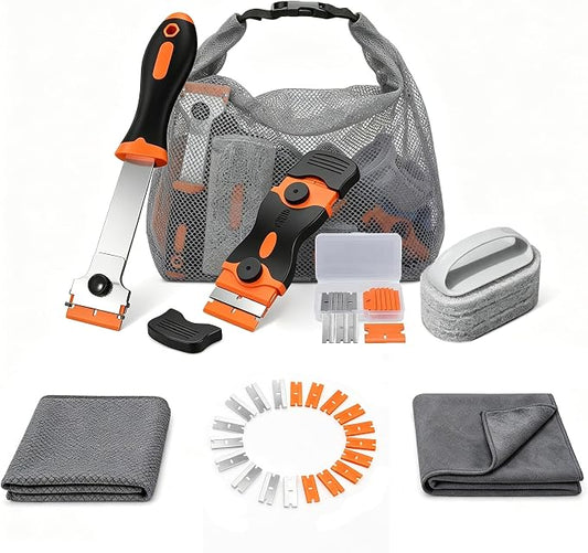 Glass Cooktop Cleaning Kit,4-in-1 Scraper with 20 Blades, Non-Scratch Dish Brush with Absorbent Cloth&Storage Bag–Stove Top Deep Cleaning Set for Kitchen Ceramic, Halogen, Gas Stove & Glass Surfaces