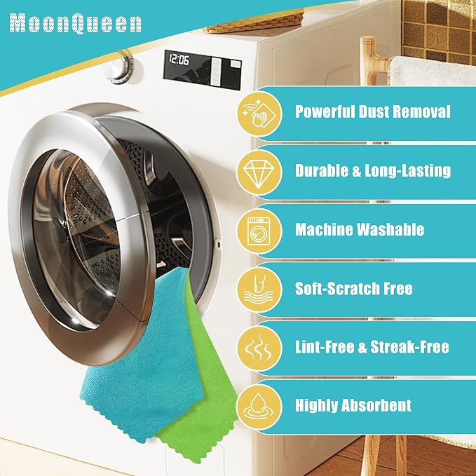 MOONQUEEN 12 Pack Microfiber Cleaning Cloth - Reusable Cleaning Rag, Fast Drying Cleaning Towels,12"X12", Green/Blue/Yellow/Pink
