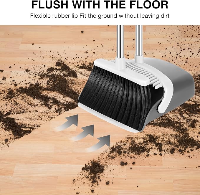 NACENA Broom and Dustpan Set with 52-in Long Adjustable Handle, Grey White | Broom Dustpan Combo with Dustpan Teeth to Automatically Clean Hair Suitable for Home Kitchen Office Hall Floor