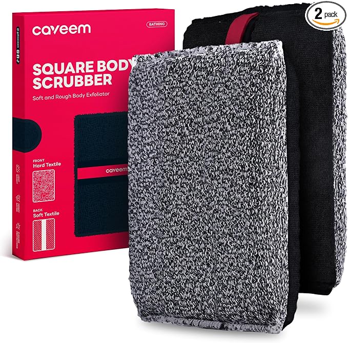 Caveem Exfoliating Body Scrubber, Large Bath and Body Scrub Buffer, Dual Texture Body Exfoliator for Remove Dead Skin, Soft and Rough Lightweight Square Sponge for Shower (2 Pack)