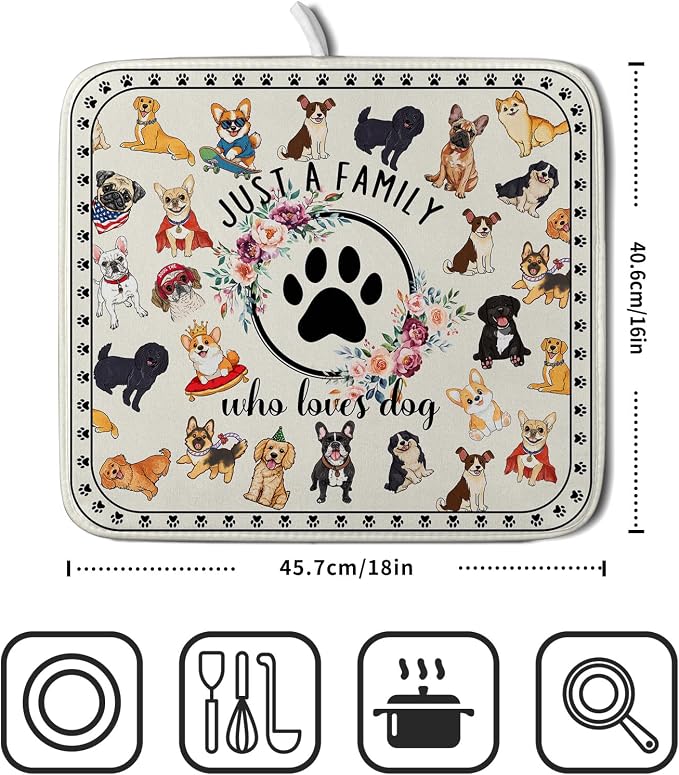 Lovely Dogs Dish Drying Mat Absorbent Printed Drying Pad for Kitchen Counter