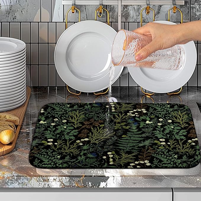 Dish Drying Mat for Kitchen Counter Vintage Green Plant Fern Leaves Floral Drying Mats Absorbent Microfiber Black Dish Drainer Pad Reusable Washable Dish Draining Mats Medium 16x18 Inch