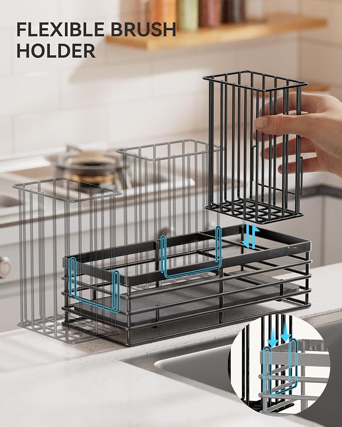 Yofidra Sponge Holder for Kitchen Sink, Sink Caddy Organizer with Stone Drying Mat, Kitchen Countertop Organizers and Storage Essentials, 304 Stainless Steel (Black, 9.29″ L)